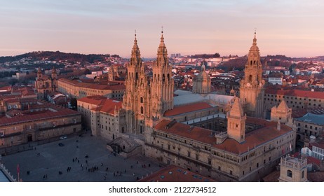 Aerial view of the Obradoiro facade of the cathedral of Santiago de Compostela at sunset
				