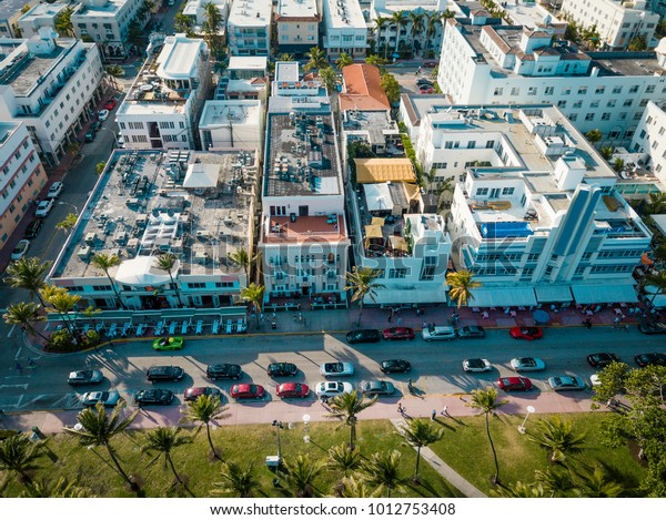 Aerial view to Ocean drive, Miami Beach, South\
Beach, Florida