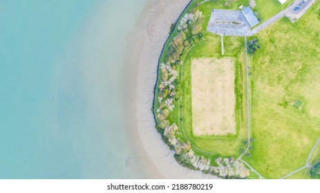 Aerial View From The Ocean, Forest, Green Trees, City Streets Football Soccer Field Seaside Park In Otahuhu, New Zealand - Auckland