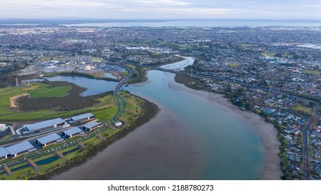 Aerial View From The Ocean, Forest, Green Trees, City Streets Football Soccer Field Seaside Park In Otahuhu, New Zealand - Auckland