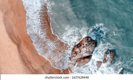 Aerial View Of Ocean Waves Pattern At The Tropical Sandy Beach.