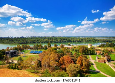 Aerial View Od Danube Riverside In Belgrade . Stadium At The River Shore