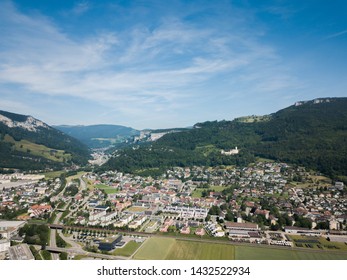 Aerial View Oensingen Switzerland Highway Intersection Traffic And Urban Sprawl Close To Jura Mountains