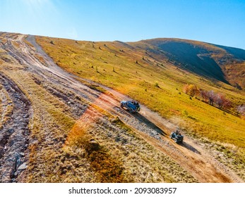 Aerial View Of Off Road Attraction Road To The Top Of Carpathian Mountains Copy Space Autumn Season