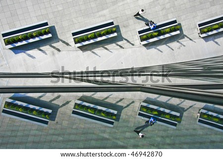 Aerial view of office workers and benches