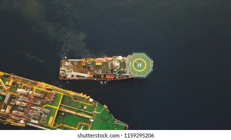 Aerial View Of A Offshore Vessel Or Barge. The Vessel Is To Support And Assist Subsea Development Activity Offshore.