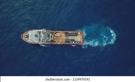 Aerial View Of A Offshore Vessel Or Barge. The Vessel Is To Support And Assist Subsea Development Activity Offshore.