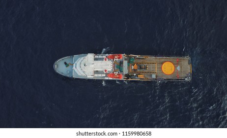 Aerial View Of A Offshore Vessel Or Barge. The Vessel Is To Support And Assist Subsea Development Activity Offshore.