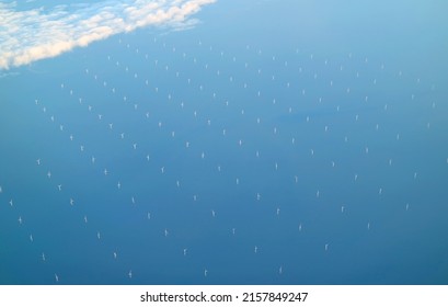 Aerial View Of The Offshore Wind Farm Of The United Kingdom Seen From Plane During Flight