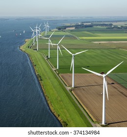 Aerial View Of Offshore Wind Turbine Farm In Along The Volkerak, The Netherlands. 