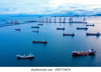 Aerial view of Oil, Chemical, LPG tanker ships Oversea transportation, Import-Export Business. Aerial view of oil and gas petrochemical tanker, Refinery industry cargo ship. Fuel for transport.