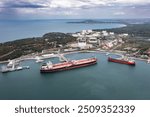 Aerial view to a oil port of oil refinery Lukoil on Black Sea near to Burgas, Bulgaria