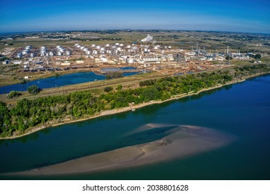 Aerial View of a Oil Refinery along the Missouri River in Bismark, North Dakota