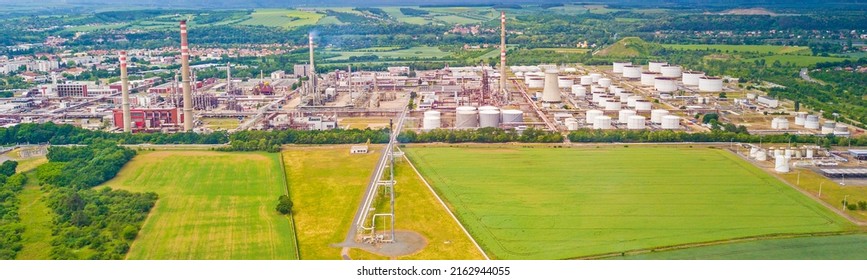 Aerial view of oil refinery in Kralupy nad Vltavou. Large industrial process plant producing gasoline (petrol), diesel fuel and other petroleum products. Kralupy nad Vltavou, Czech republic, Europe.