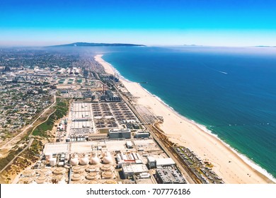 Aerial View Of An Oil Refinery On The Beach Of El Segundo, Los Angeles, CA