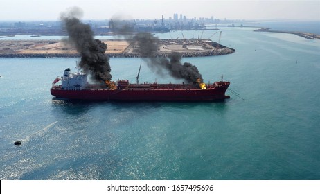 Aerial view of Oil Tanker Ship on fire with smoke in the emiddle east