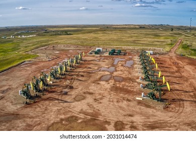 Aerial View of Oil Wells in the Bakken Basin of North Dakota
