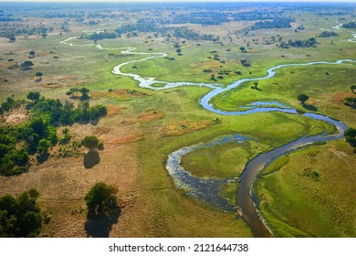 Aerial View Of Okavango Delta Landscape. Botswana, Africa.