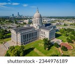 Aerial view of the Oklahoma State Capitol and dowtown cityscape at Oklahoma