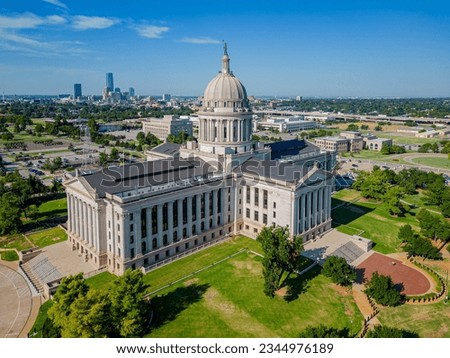 Aerial view of the Oklahoma State Capitol and dowtown cityscape at Oklahoma