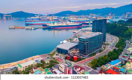 Aerial view of Okpo city located in Geoje island of South Korea. Aerial view from drone. Okpo city with twilight sky.