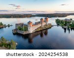 Aerial view of Olavinlinna medieval castle in Savonlinna , Finland