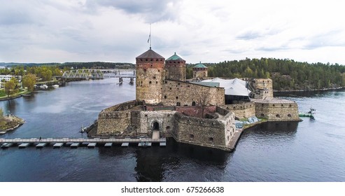 Aerial view of olavinlinna medieval castle, in Savonlinna, Savo, Finland