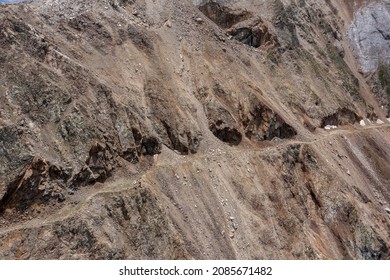 Aerial View Of Old Abandoned Mountain Road With Landslide