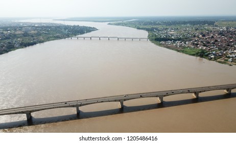 Aerial view of old bridge across the Niger River