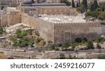 Aerial view of the old city and al-aqsa mosque timelapse from the Mount of Olives. Jerusalem, Holy Land close up view to inner yard