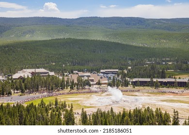 Aerial View Of The Old Faithful Geyser Hot Water Eruptions At Wyoming