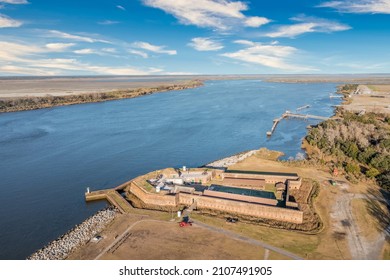 Aerial View Of Old Fort Jackson On The Savannah River On The Border Of Georgia And South Carolina, Oldest Standing Brick Confederate Fort With River View Cannon Firing Loopholes