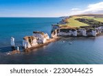 Aerial view with Old Harry Rocks, the beautiful coastline and cliffs on South England, UK