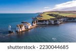 Aerial view with Old Harry Rocks, the beautiful coastline and cliffs on South England, UK