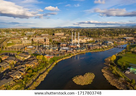 Aerial view of the Old Mill District in Bend, Oregon. 
