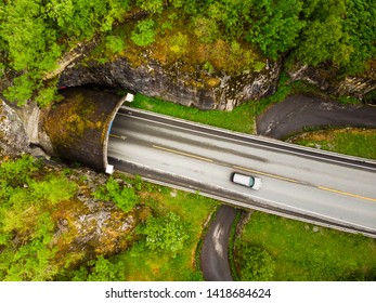 Aerial View. Old And New Road With Tunnel In Green Summer Mountains, Mabodalen Valley Norway. National Tourist Hardangervidda Route.