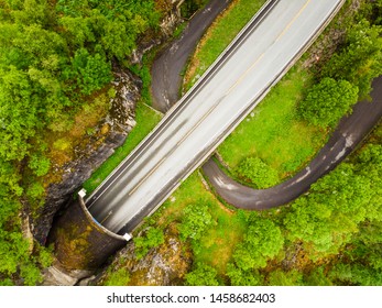 Aerial View. Old And New Road With Tunnel In Green Summer Mountains, Mabodalen Valley Norway. National Tourist Hardangervidda Route.