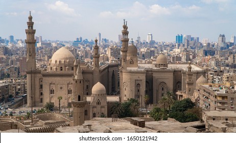 Aerial View Of The Old Part Of Cairo. Mosque-Madrassa Of Sultan Hassan. Cairo. Egypt. Timelapse.