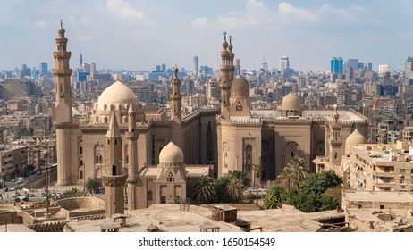 Aerial View Of The Old Part Of Cairo. Mosque-Madrassa Of Sultan Hassan. Cairo. Egypt. Timelapse.