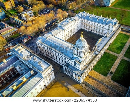 Aerial view of Old Royal Naval College in Greenwich, London, UK
