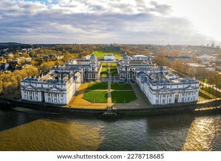 Aerial view of Old Royal Naval College in Greenwich, London, UK