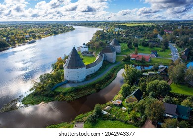 Aerial view of the old Russian fortress in the village of Staraya Ladoga in Russia