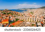Aerial view of old town, castle and aqueduct in Kavala, Greece, Europe