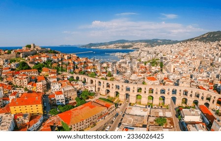 Aerial view of old town, castle and aqueduct in Kavala, Greece, Europe