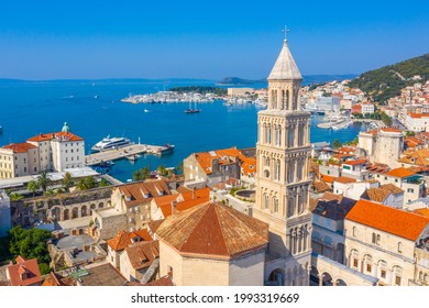 aerial view of old town of Split dominated by belltower of Saint Domnius cathedral, Croatia