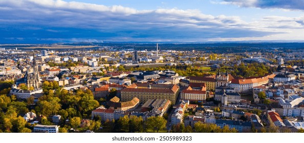 Aerial view of Olomouc cityscape overlooking Gothic spire of Saint Wenceslas Cathedral on sunny autumn day, Moravia, Czech Republic - Powered by Shutterstock