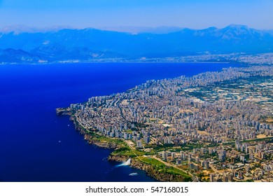 Aerial View On Antalya City Coast Line With Mountains From Plane