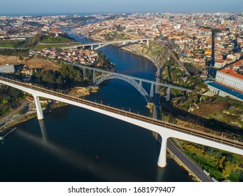 Aerial view on bridges and Douro river in Porto at morning, Portugal.