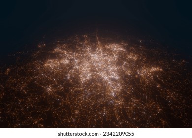 Aerial view on Brno (Czechia) from north. Top view on modern city at night from satellite