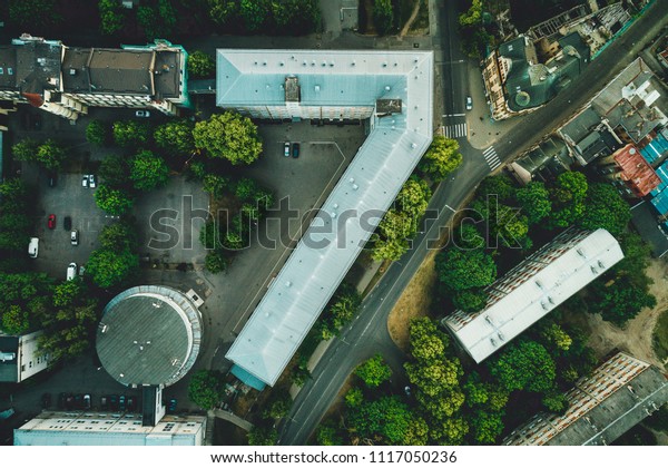 Aerial view on\
building, natural shape of number seven, natural shapes, building\
architecture. Building\
rooftops